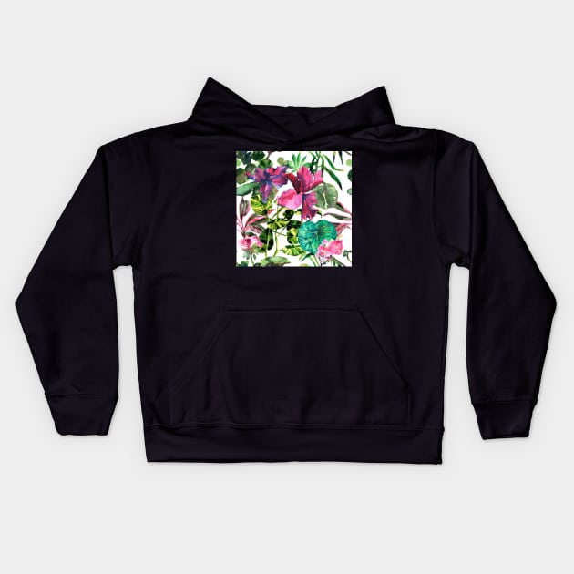 Watercolor tropical leaves and plant Kids Hoodie by Olga Berlet